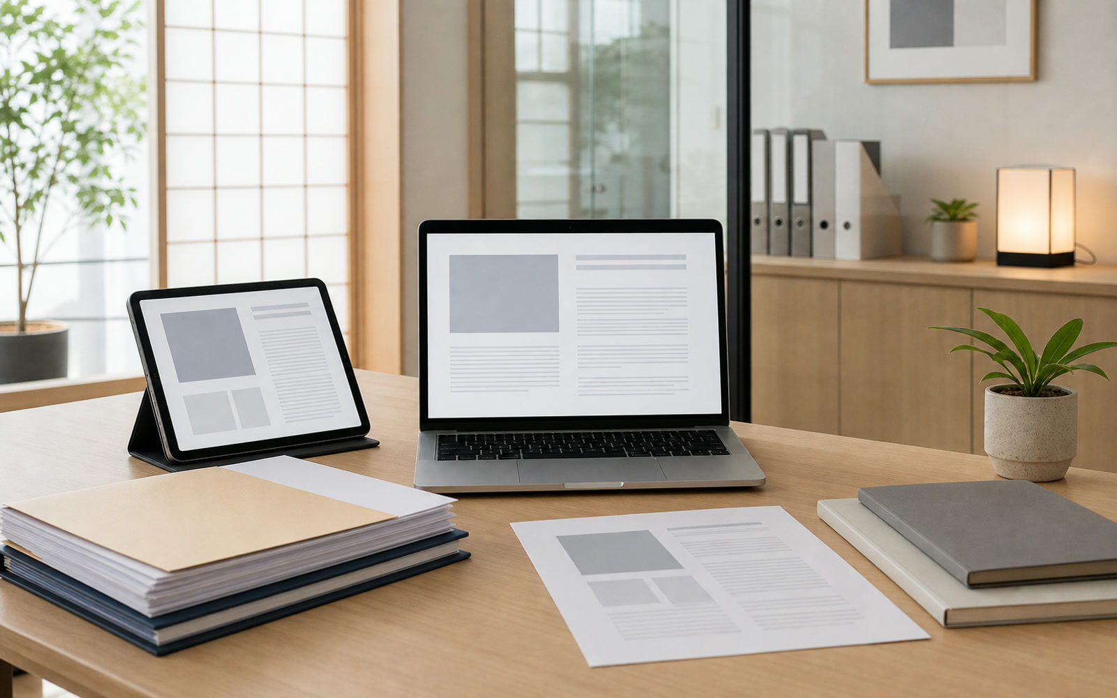 ノートPCとタブレットにPDF書類が整理されたデスク